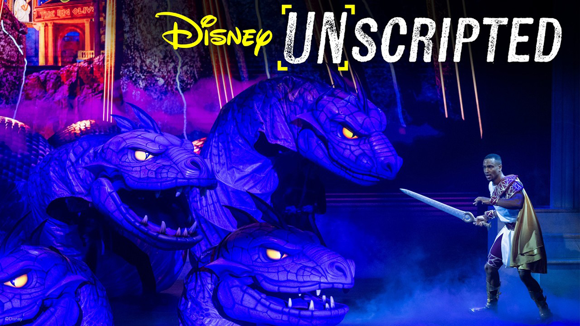 Disney Unscripted overlayed on a photo of a man with a sword battling a hydra