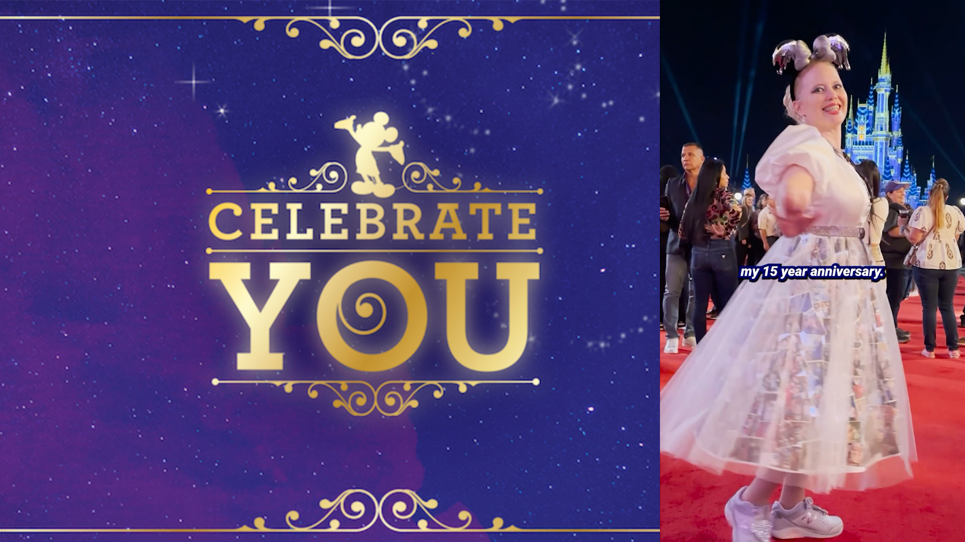 A cast member celebrates her 15 year anniversary in a dress made of photos poses in front of Cinderella's castle