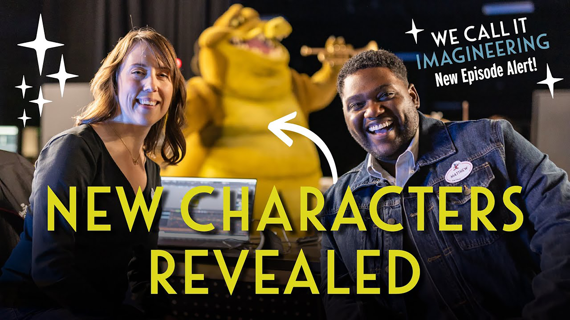 "We Call It Imagineering New Episode Alert! New Characters Revealed" overlayed on an image of a man and a woman