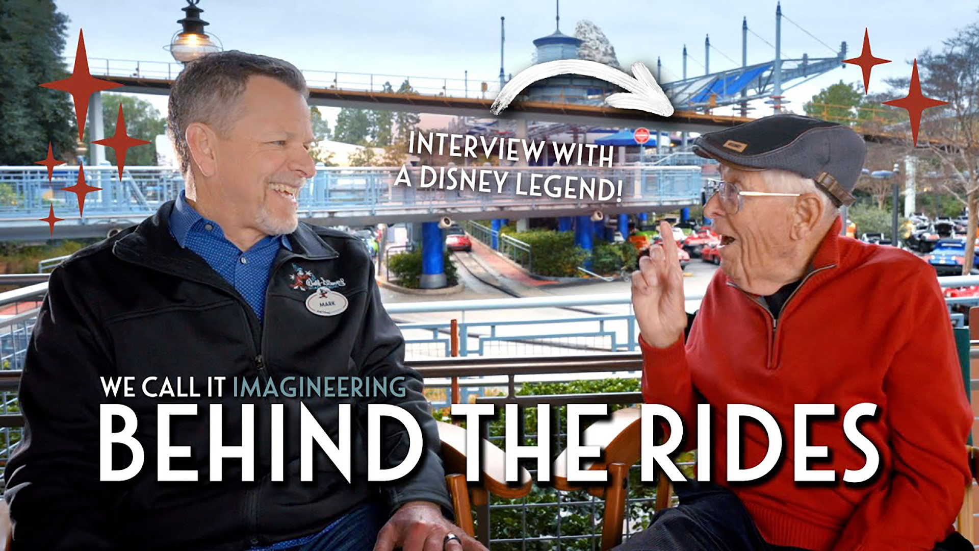 "We Call it Imagineering Behind the Rides" is overlayed on an image of two men speaking in front of the Autopia attraction