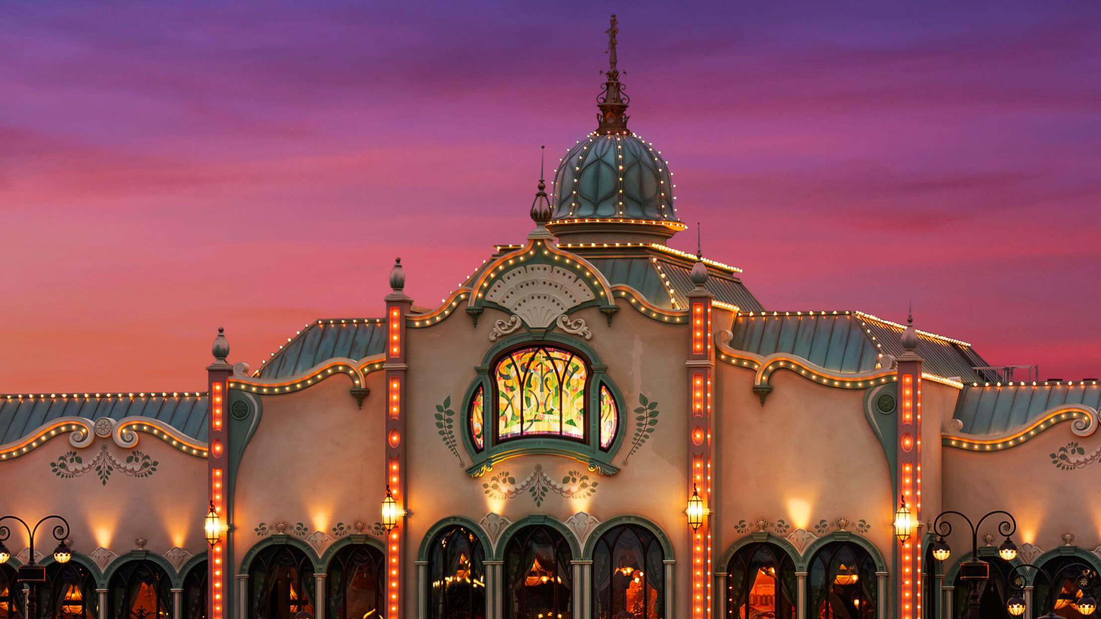 Building with sunset behind