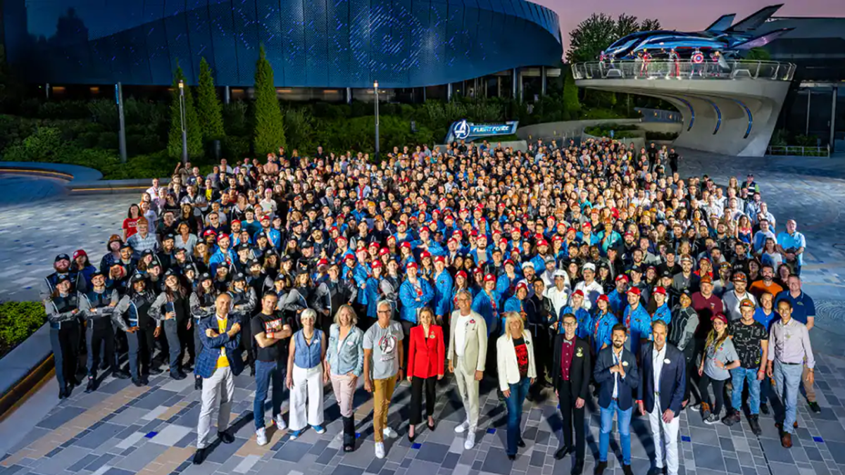 Disneyland Paris Cast Members gather for a group photo in Avengers Campus.