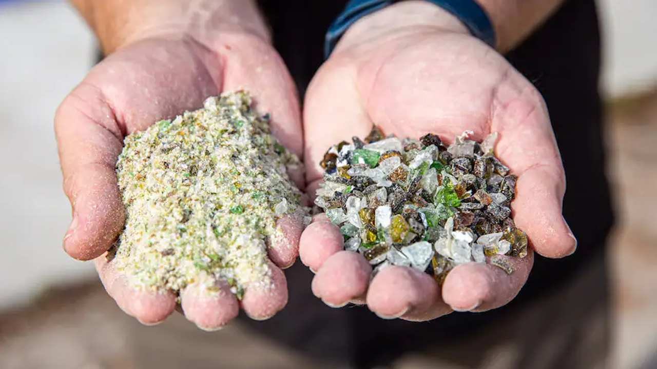 Showing the differences in the glass as it is made into sand. 