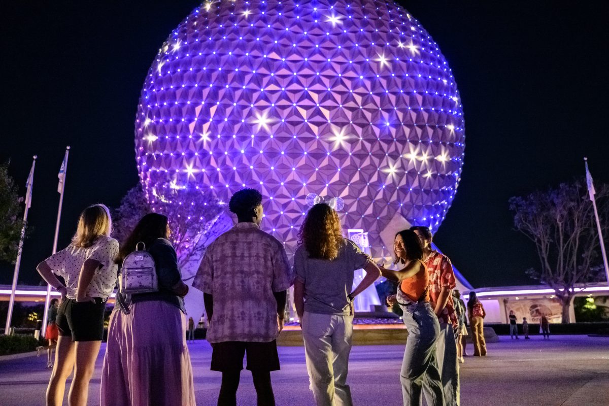 Guests looking at Spaceship Earth at EPCOT