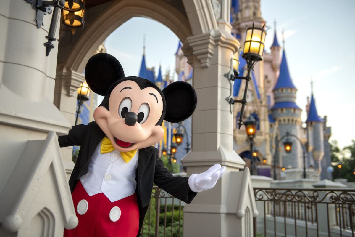Mickey Mouse in front of Cinderella's castle