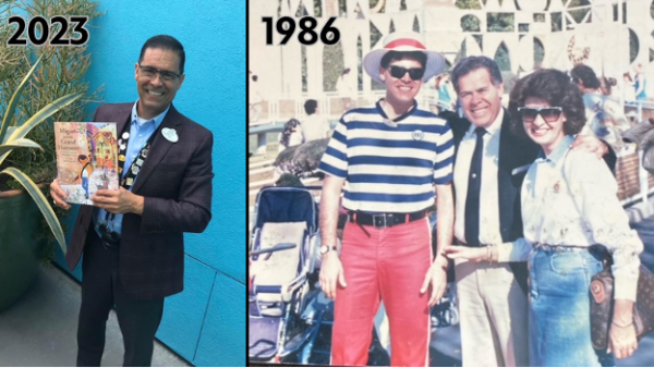Cast member Mike Miranda pictures at Disneyland in 1986 and in 2023.
