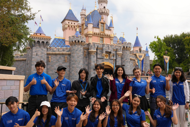 AIME students pose in front of Sleeping Beauty Castle at Disneyland park.