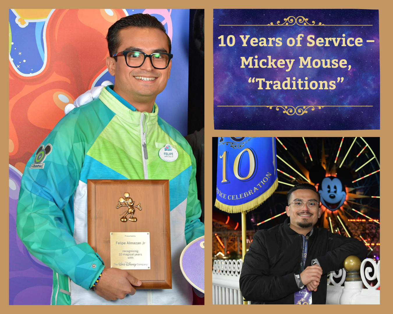 Felipe Castillo Almazan Jr, a photographer with Disney Photo Imaging, celebrated 10 years and earned his Mickey Mouse plaque.