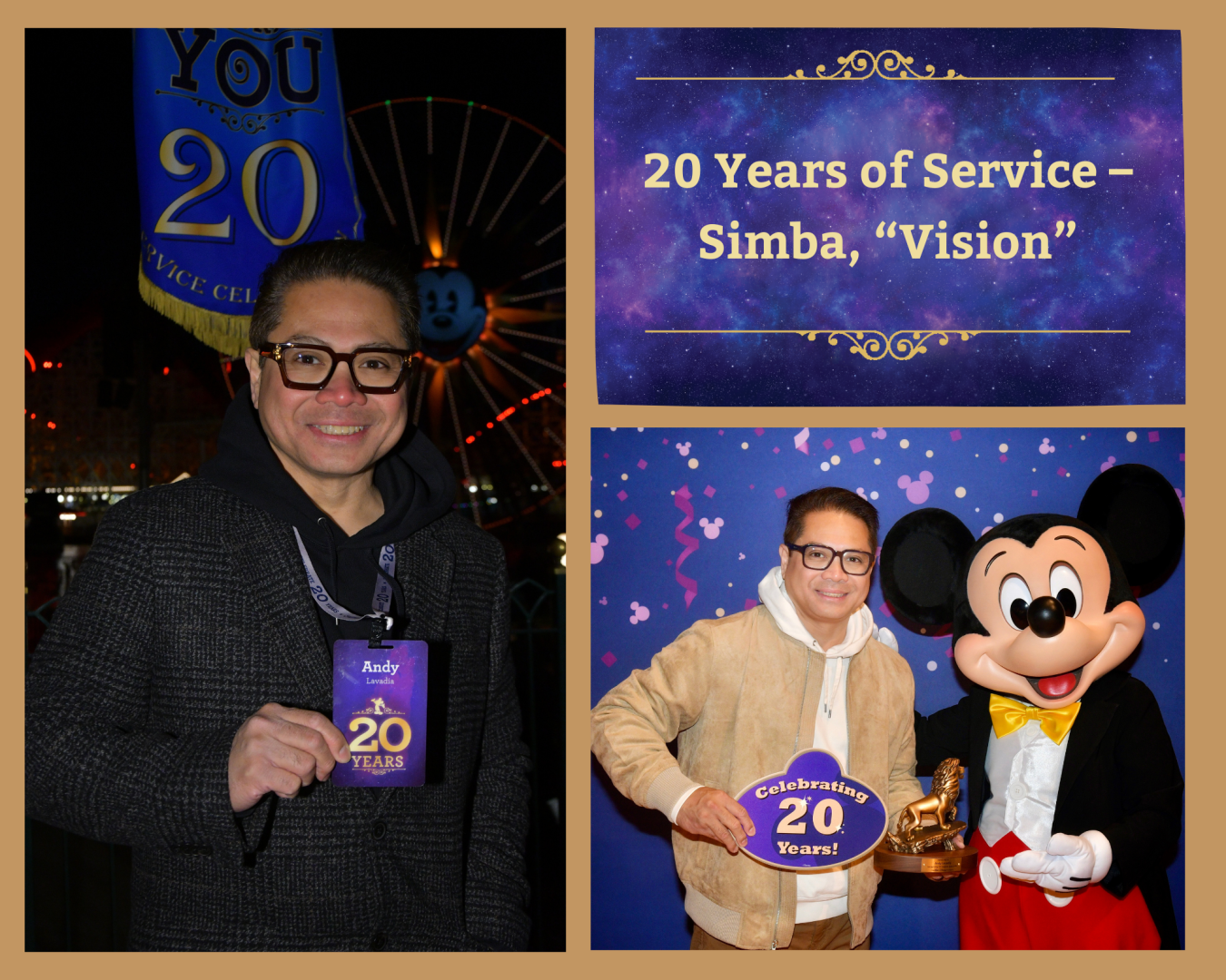 Andy Lavadia, a nurse at Disneyland Resort, celebrated 20 years and earned his Simba statue.