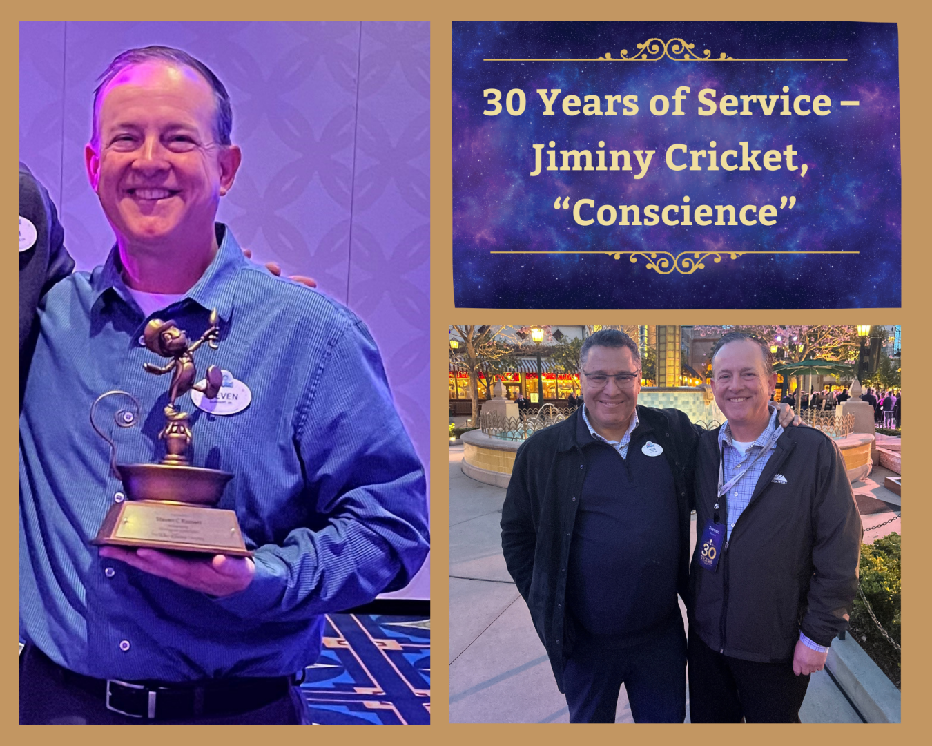Steven Barnett, a sales support & services manager with Disney Vacation Club, celebrated 30 years and earned his Jiminy Cricket statue.