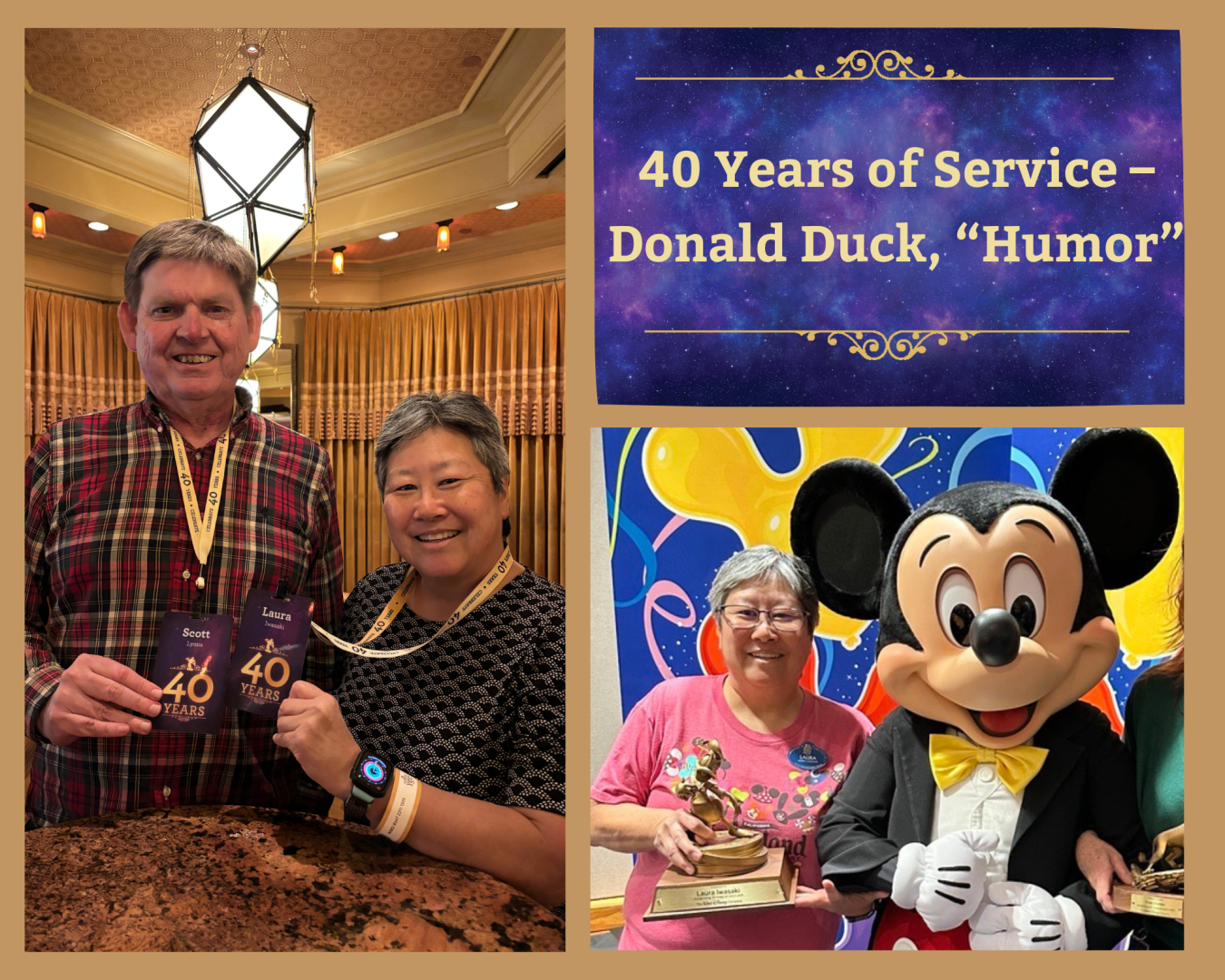Laura Iwasaki, a cast member with Global Information Security, celebrated 40 years and earned her Donald Duck statue.