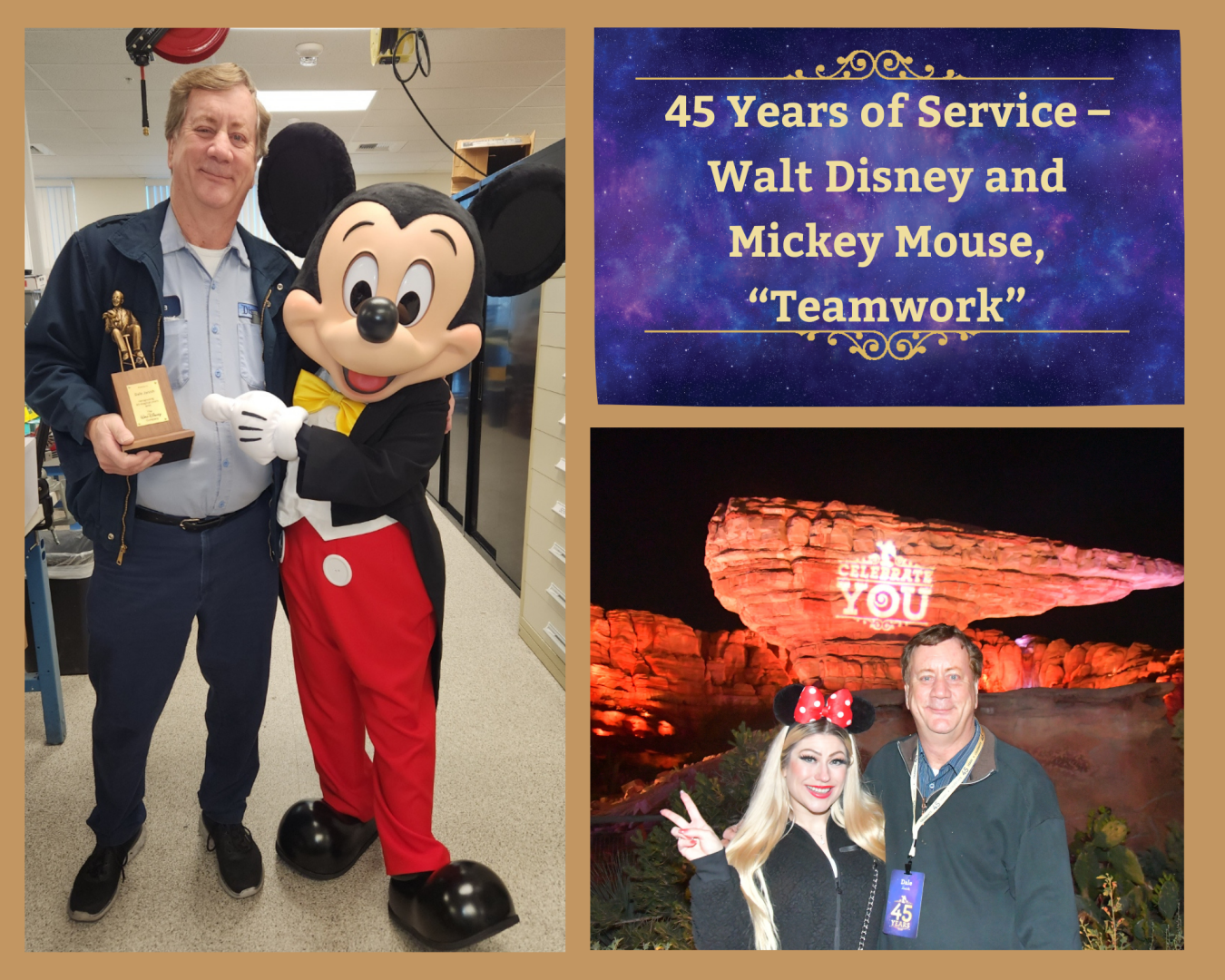 Dale Janish, a sound mechanic, celebrated 45 years and earned his Walt Disney and Mickey Mouse statue.