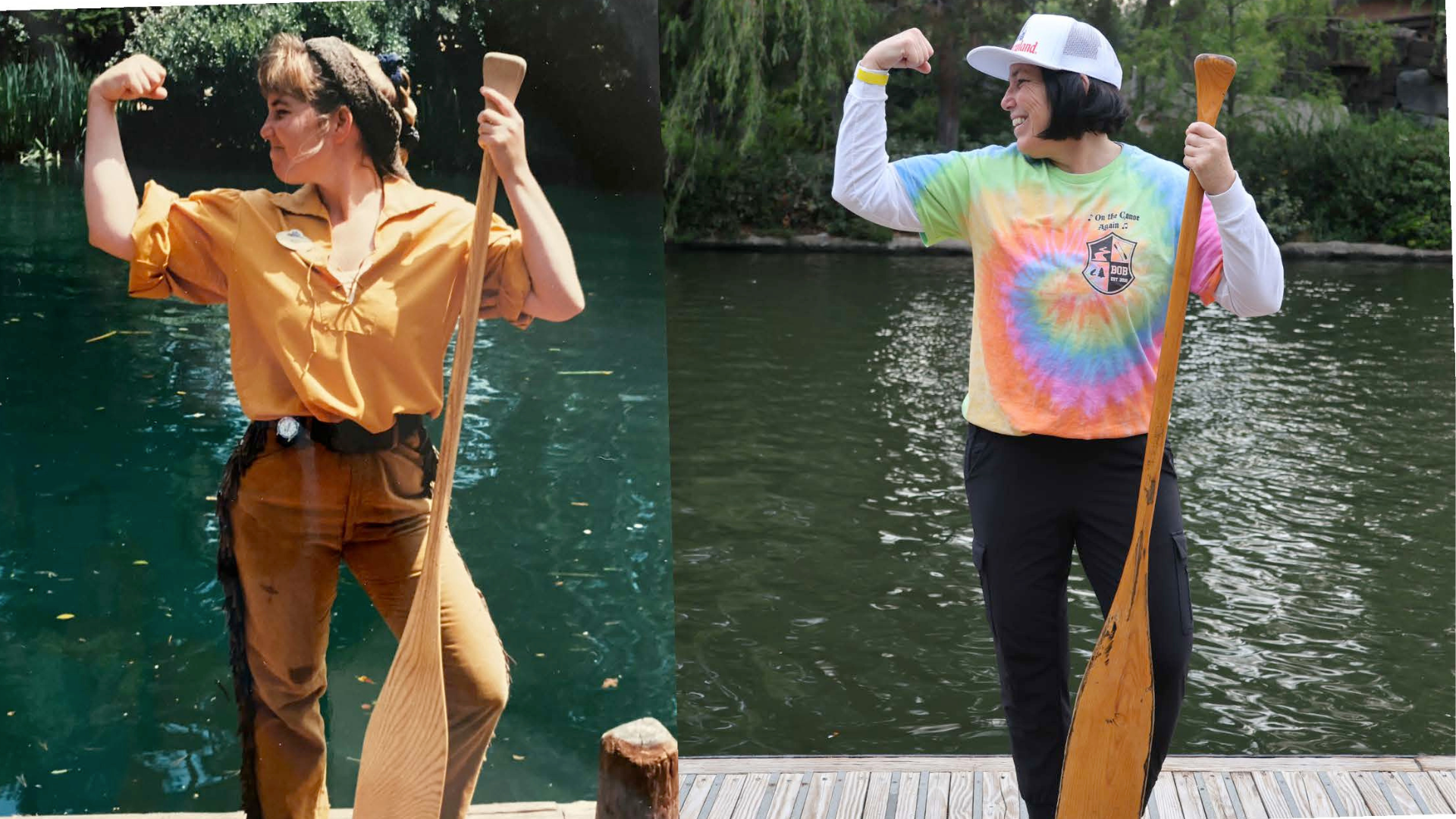 Disneyland Resort cast member Joy recreates a photo of herself at the Cast Canoe Races decades later.