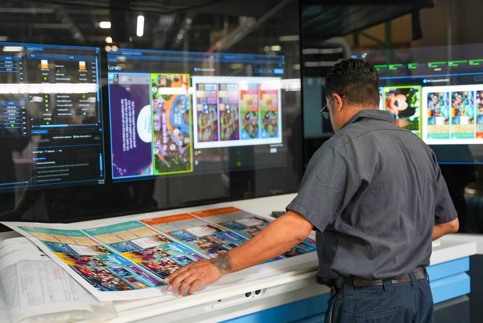 A team member reviews one of the first map prints of the day.