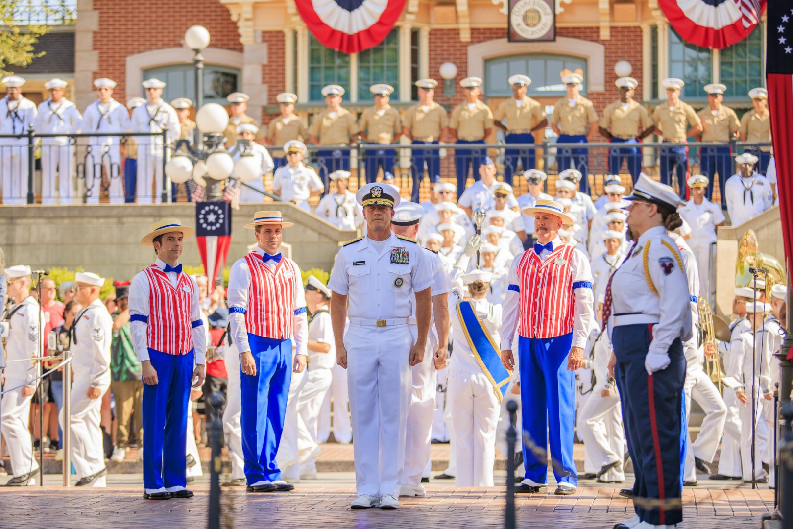 Active service members partake in the afternoon Flag Retreat ceremony. 