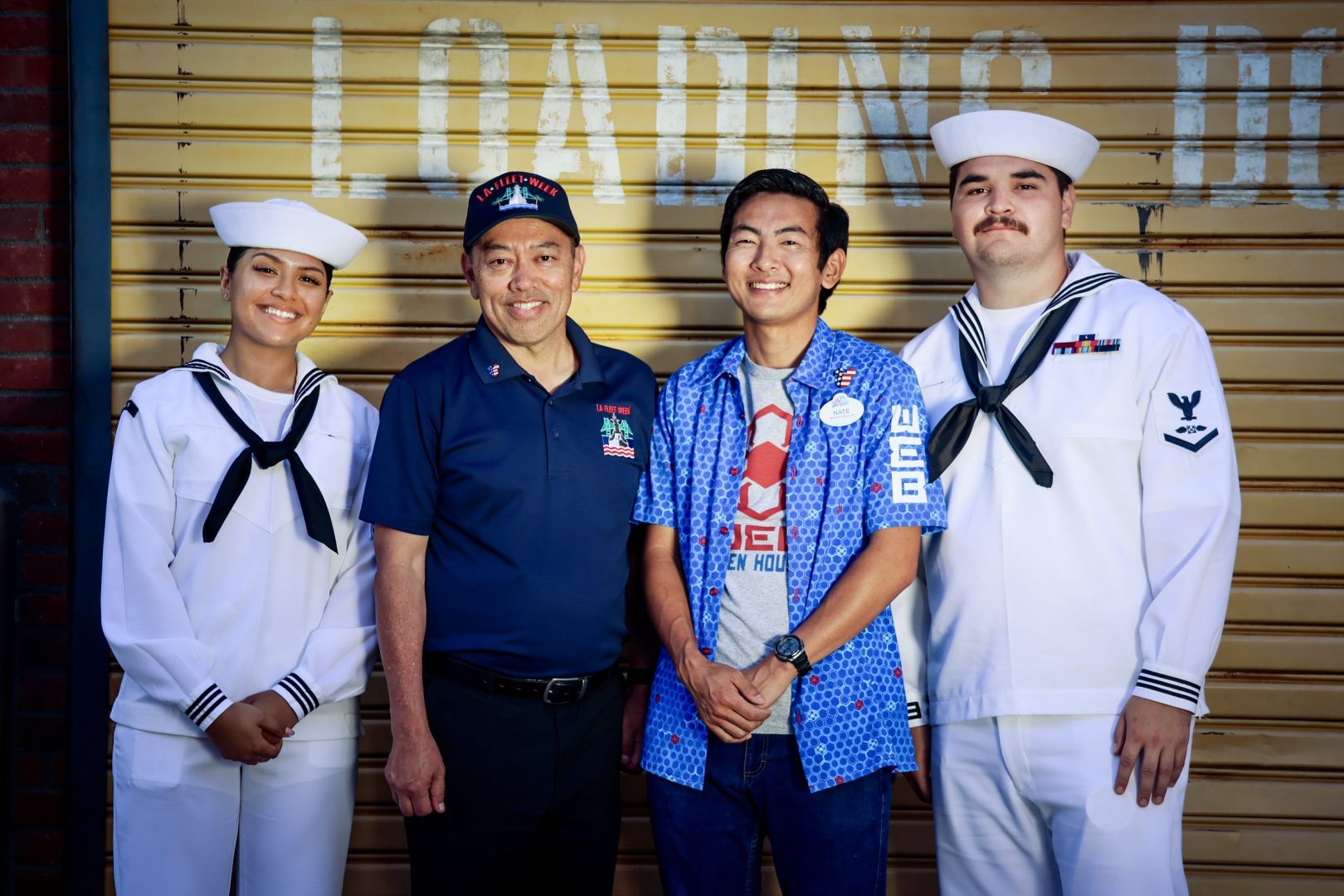Fresh off WEB SLINGERS: A Spider-Man Adventure, Ken and Nate (center) pause for a moment alongside visiting sailors during LA Fleet Week.